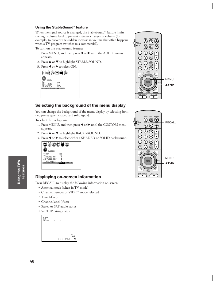 Selecting the background of the menu display, Displaying on-screen information, Using the stablesound | Feature, When the signal source is changed, the stablesound | Toshiba 36HF12 User Manual | Page 46 / 54