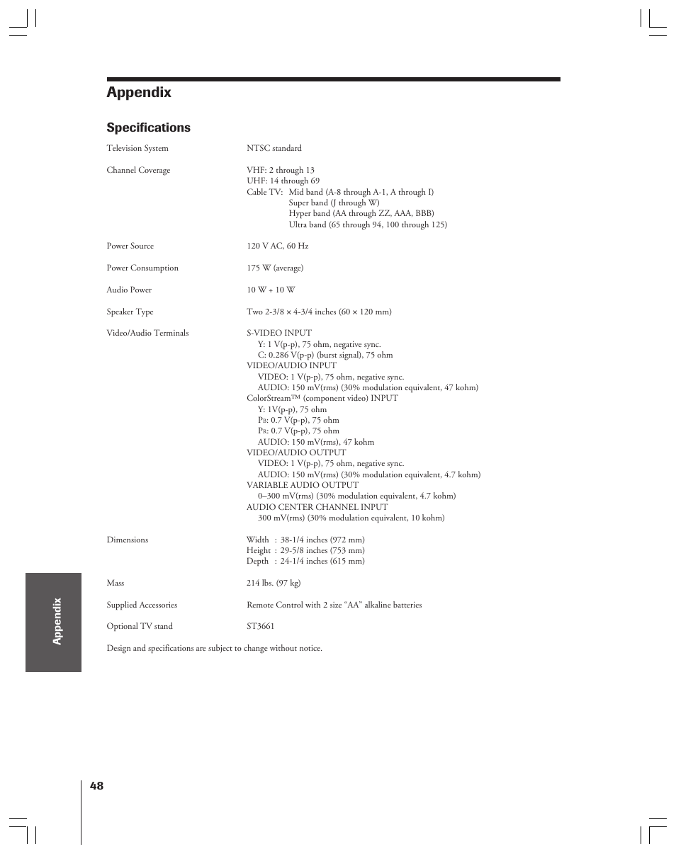 Appendix, Specifications | Toshiba 36HF12 User Manual | Page 48 / 54