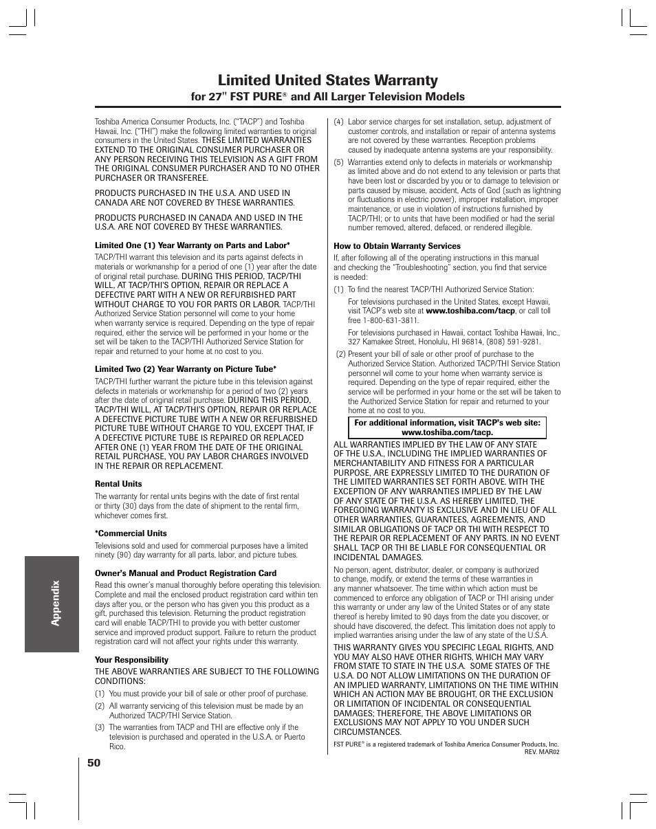 Limited united states warranty | Toshiba 36HF12 User Manual | Page 50 / 54