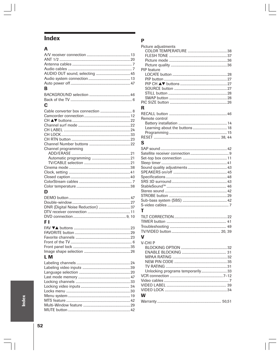 Index | Toshiba 36HF12 User Manual | Page 52 / 54