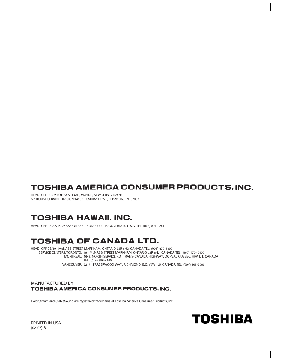 Toshiba 36HF12 User Manual | Page 54 / 54