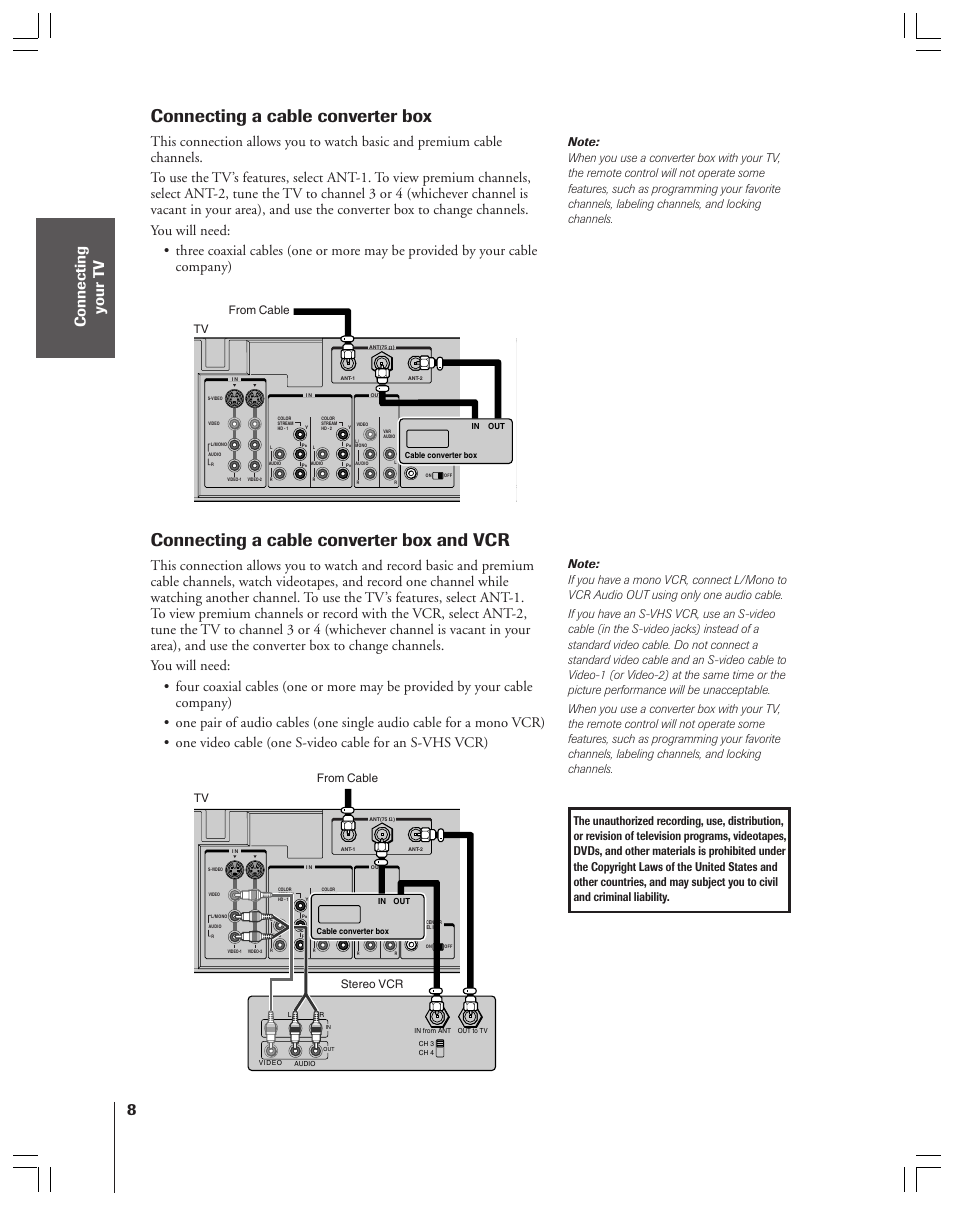 Connecting a cable converter box, Connecting a cable converter box and vcr, Tv from cable tv from cable stereo vcr | Toshiba 36HF12 User Manual | Page 8 / 54