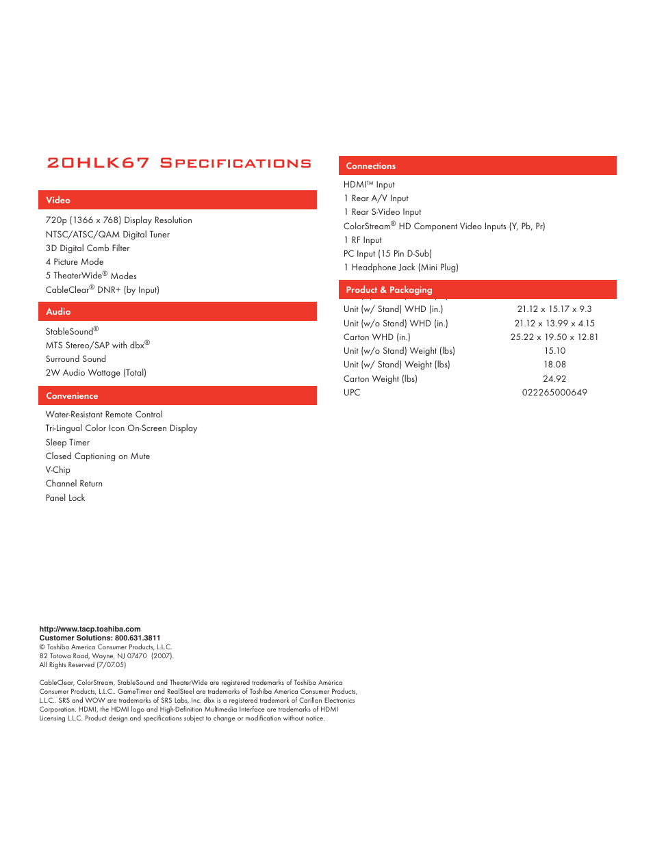 20hlk67 specifications | Toshiba 20HLK67 User Manual | Page 2 / 2
