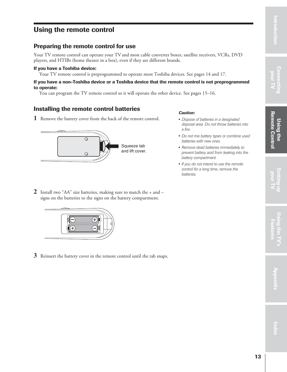 Using the remote control | Toshiba 32AF14 User Manual | Page 13 / 48