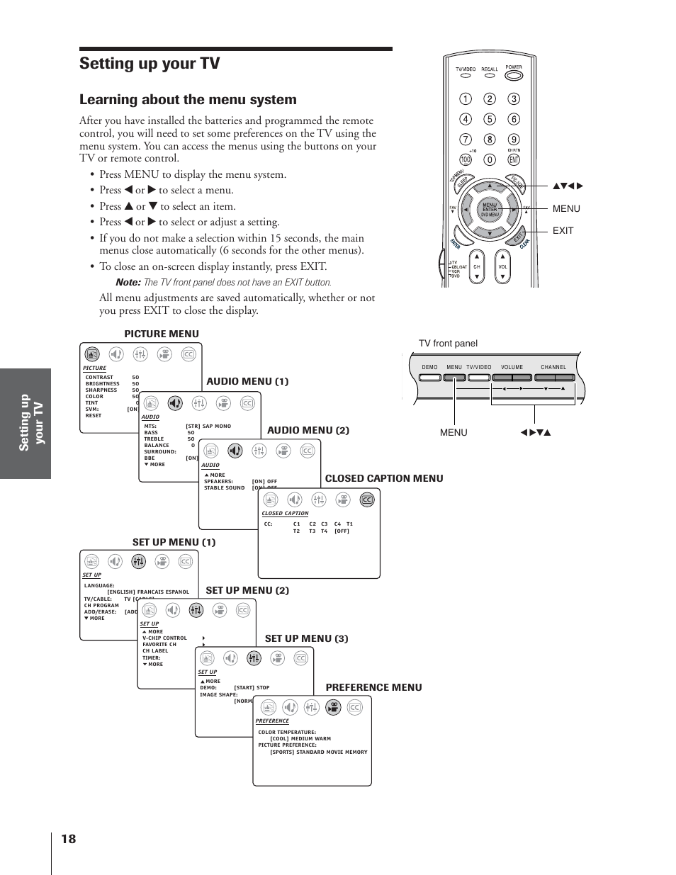 Setting up your tv, Learning about the menu system | Toshiba 32AF14 User Manual | Page 18 / 48