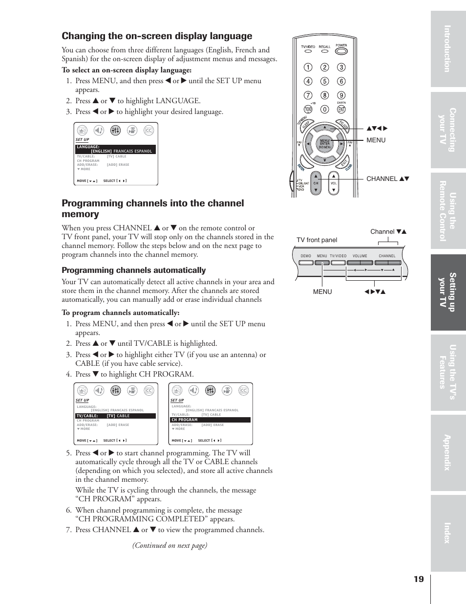 Changing the on-screen display language, Programming channels automatically | Toshiba 32AF14 User Manual | Page 19 / 48