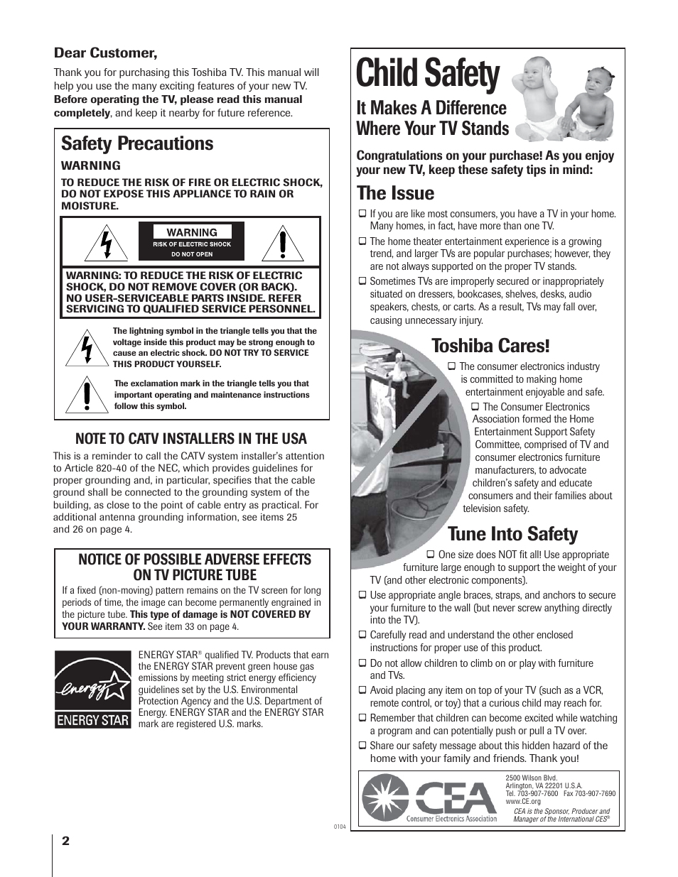 Child safety, It makes a difference where your tv stands, The issue | Toshiba cares, Tune into safety, Safety precautions | Toshiba 32AF14 User Manual | Page 2 / 48