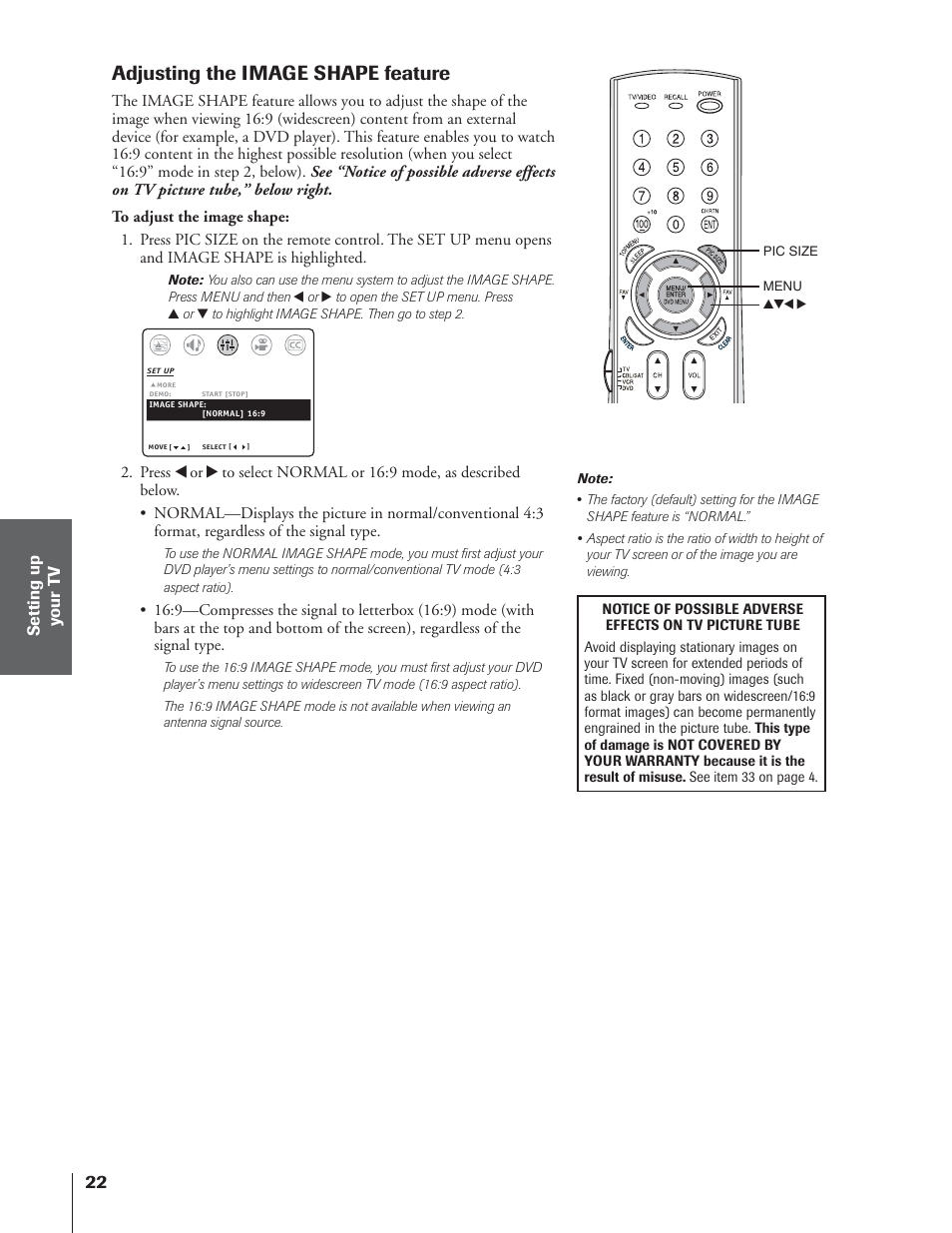 Adjusting the image shape feature | Toshiba 32AF14 User Manual | Page 22 / 48