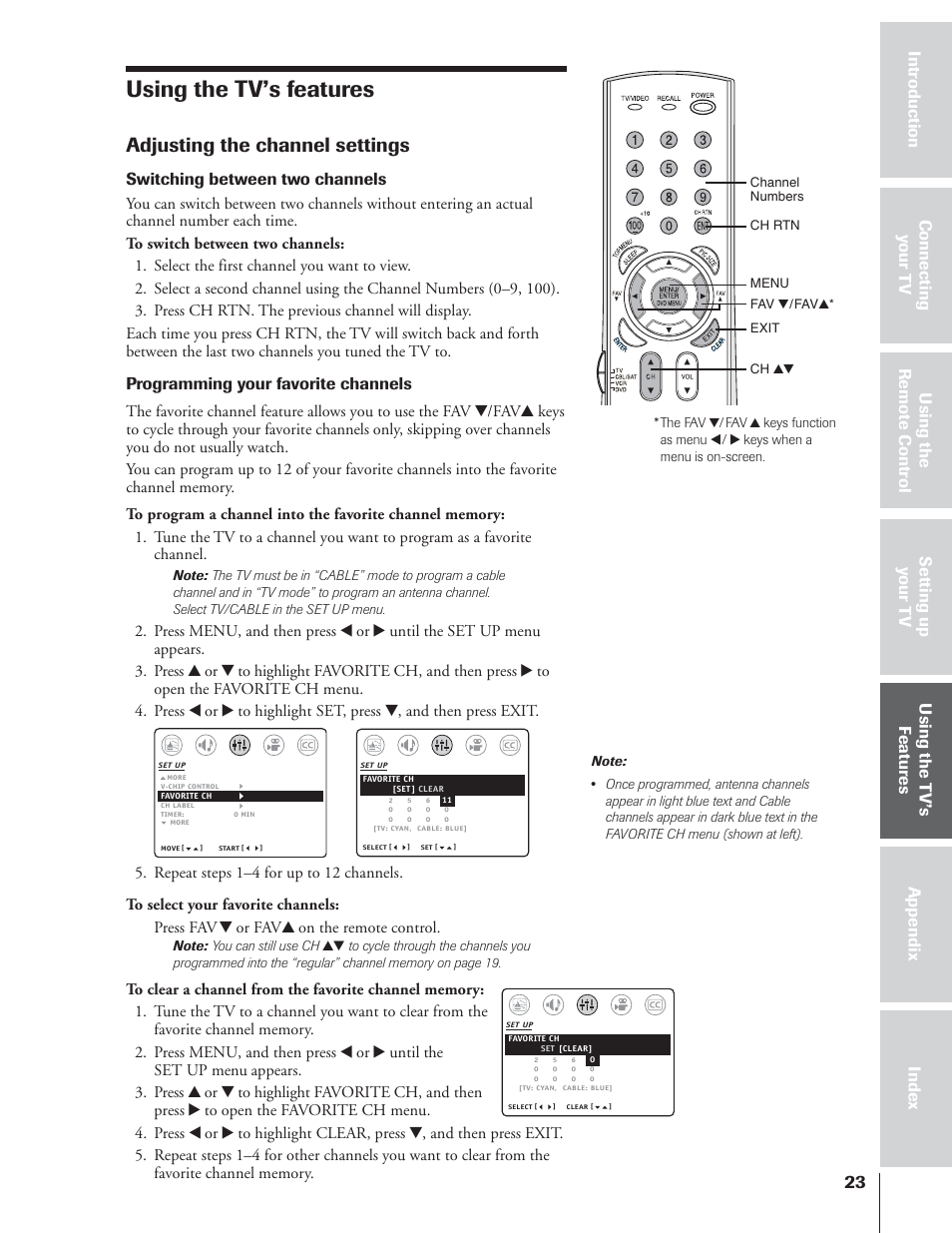 Using the tv’s features, Adjusting the channel settings, Switching between two channels | Programming your favorite channels | Toshiba 32AF14 User Manual | Page 23 / 48