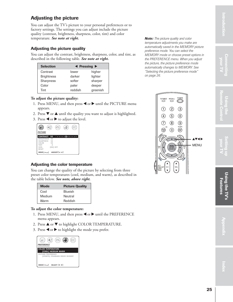 Adjusting the picture, Adjusting the picture quality, Adjusting the color temperature | Toshiba 32AF14 User Manual | Page 25 / 48