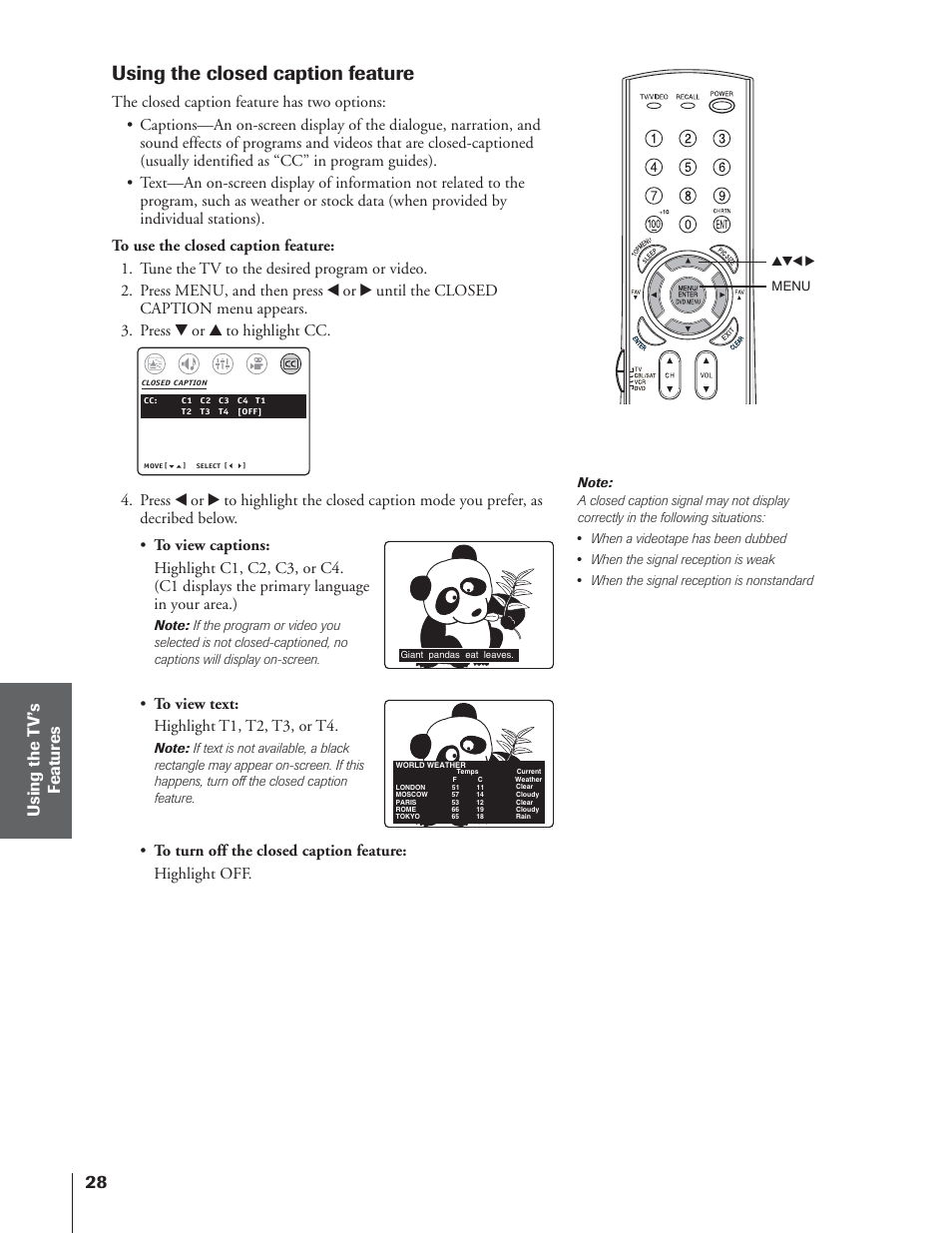 Using the closed caption feature | Toshiba 32AF14 User Manual | Page 28 / 48