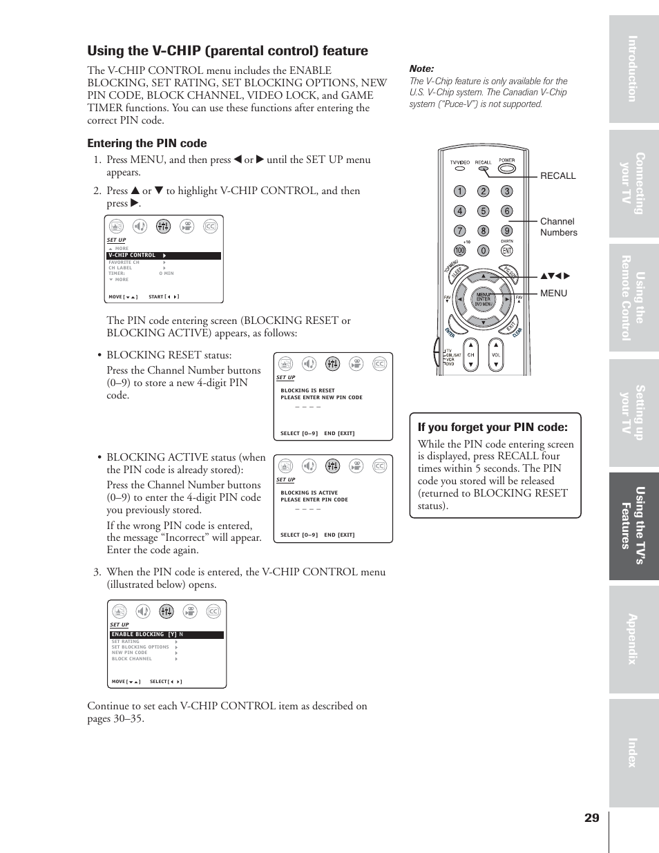 Using the v-chip (parental control) feature, Entering the pin code | Toshiba 32AF14 User Manual | Page 29 / 48