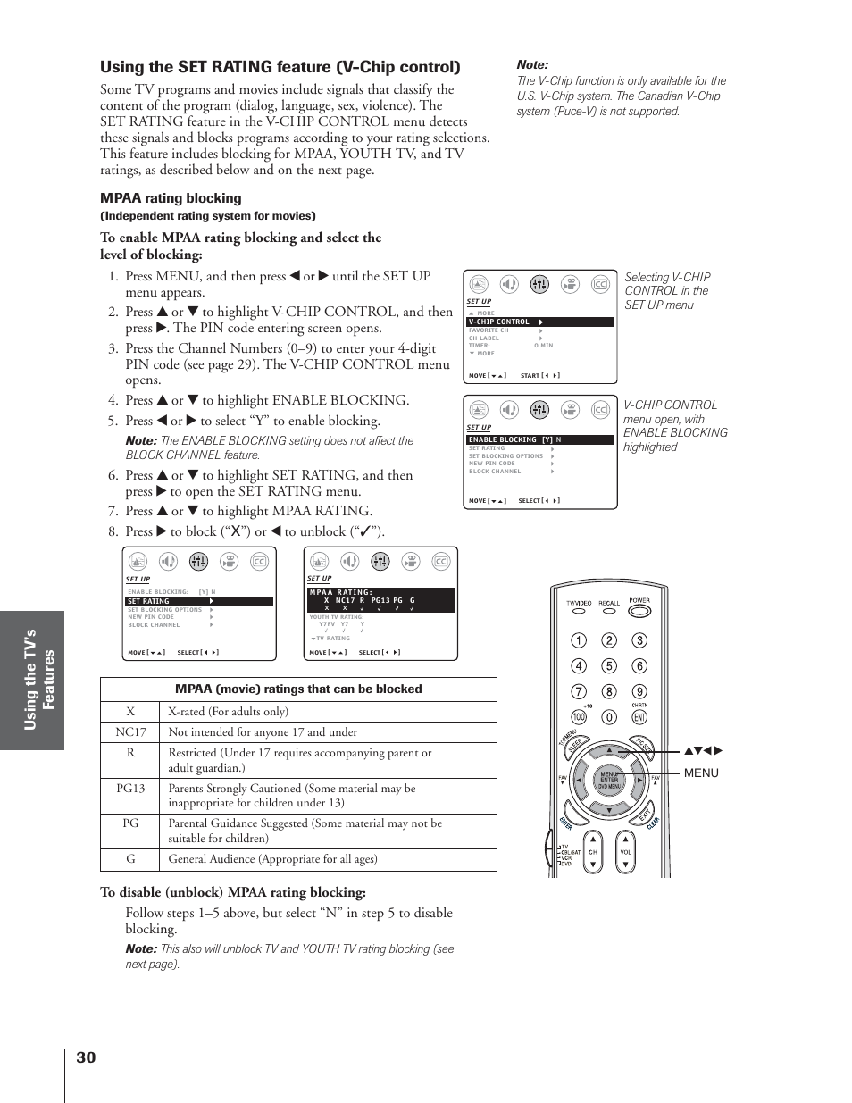 30 using the set rating feature (v-chip control), Using the t v ’s f eatur es, Mpaa rating blocking | Toshiba 32AF14 User Manual | Page 30 / 48