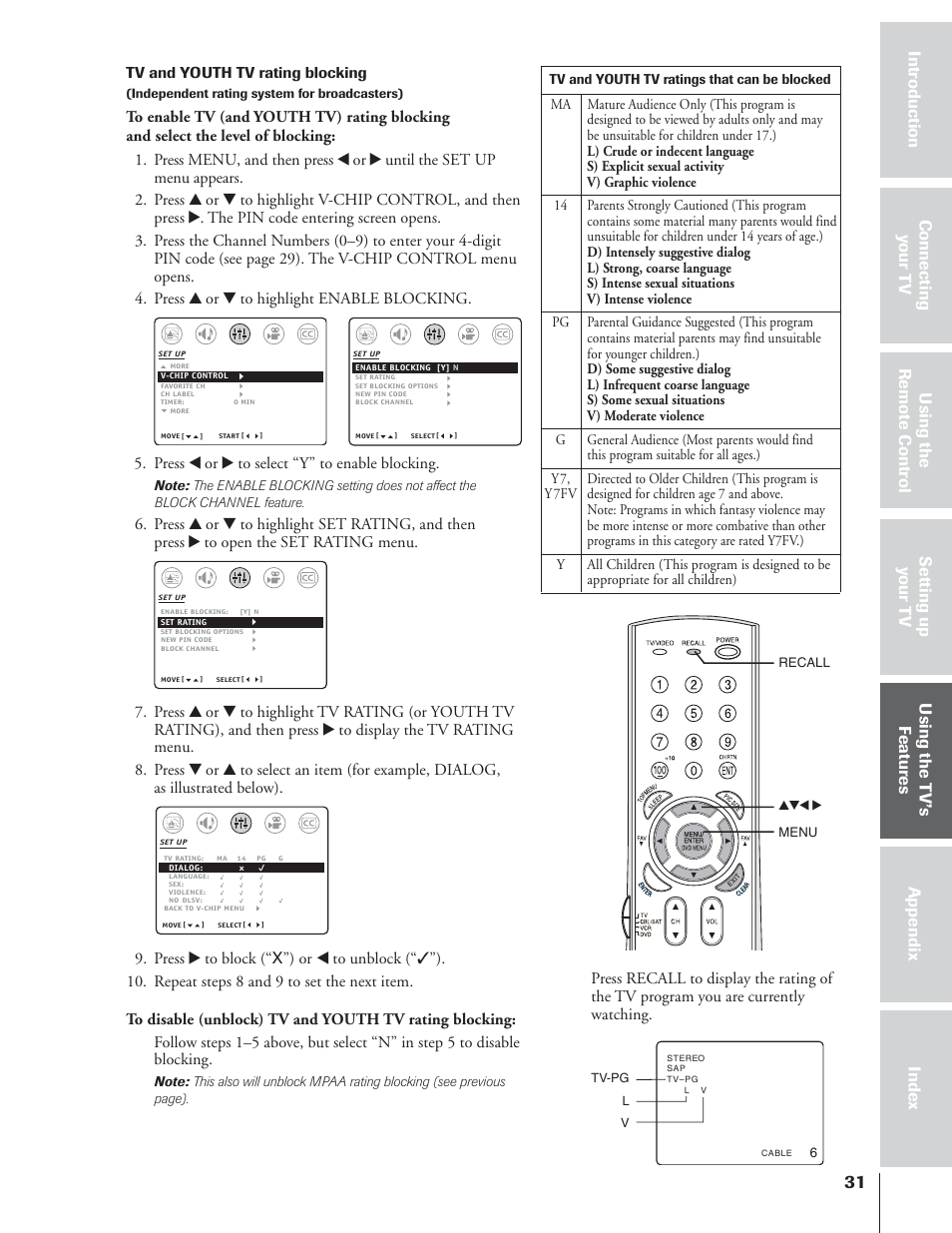 Press x or • to select “y” to enable blocking | Toshiba 32AF14 User Manual | Page 31 / 48