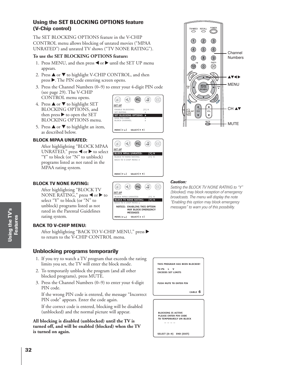 32 using the set blocking options feature, Unblocking programs temporarily, V-chip control) | Using the t v ’s f eatur es | Toshiba 32AF14 User Manual | Page 32 / 48