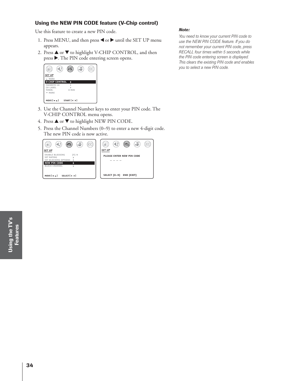 Using the new pin code feature (v-chip control), Using the t v ’s f eatur es | Toshiba 32AF14 User Manual | Page 34 / 48