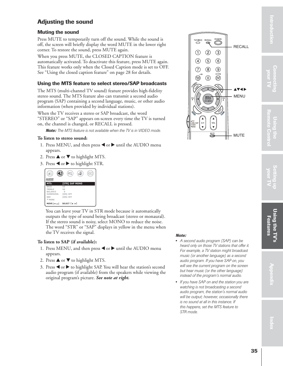 Adjusting the sound | Toshiba 32AF14 User Manual | Page 35 / 48