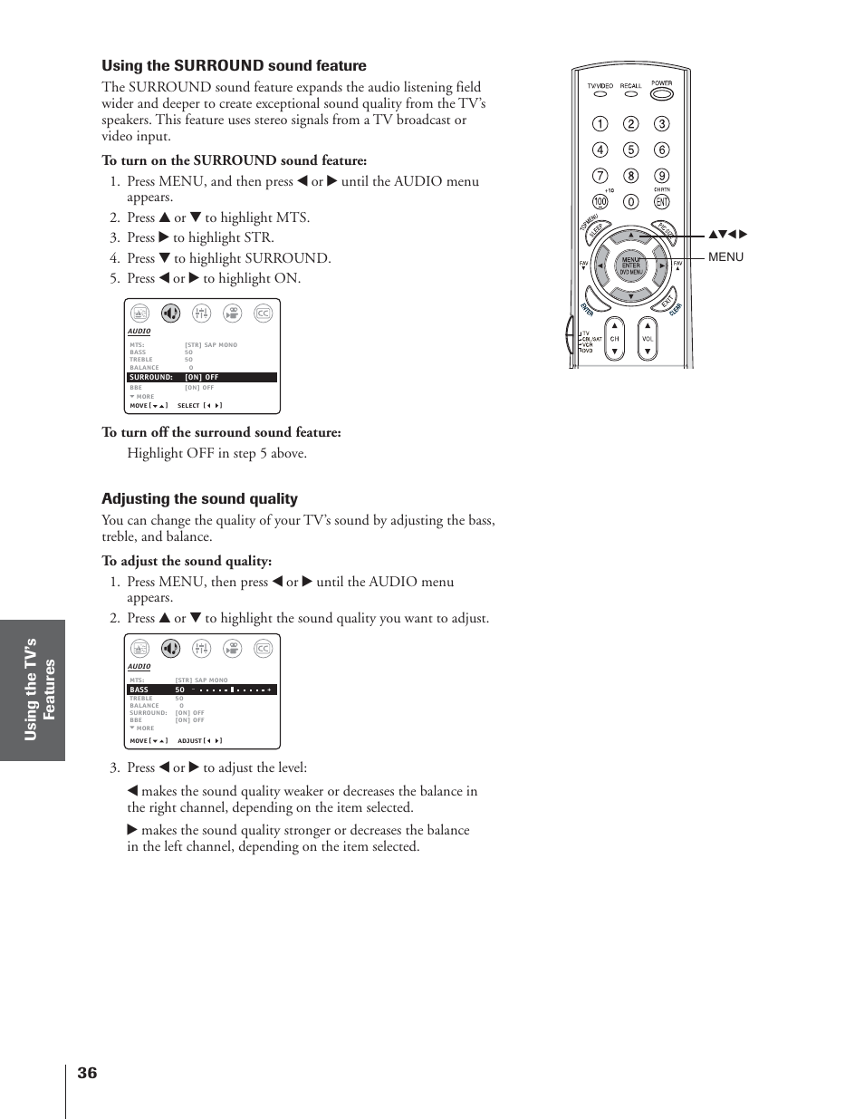 Using the t v ’s f eatur es, Using the surround sound feature, Adjusting the sound quality | Toshiba 32AF14 User Manual | Page 36 / 48