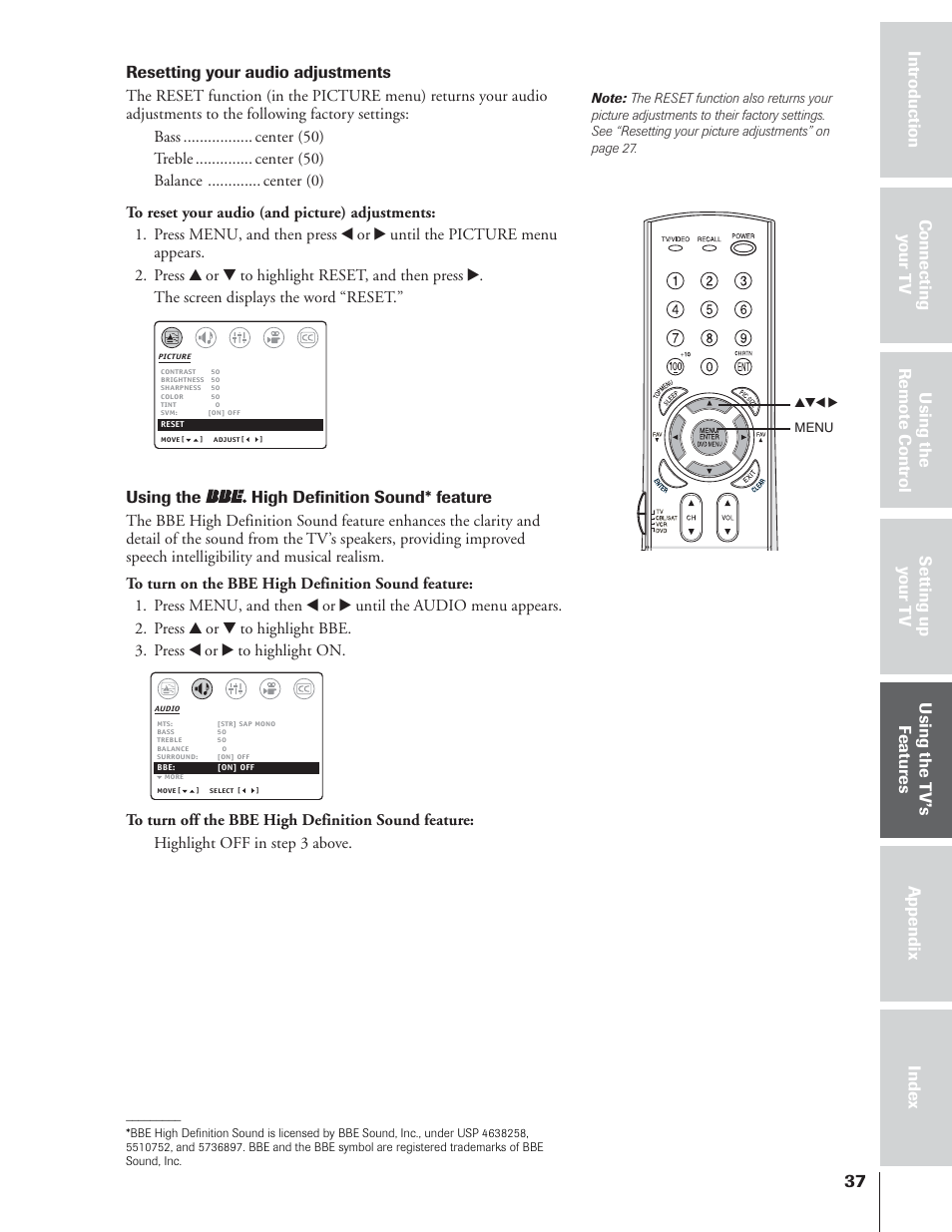 Using the high definition sound* feature | Toshiba 32AF14 User Manual | Page 37 / 48