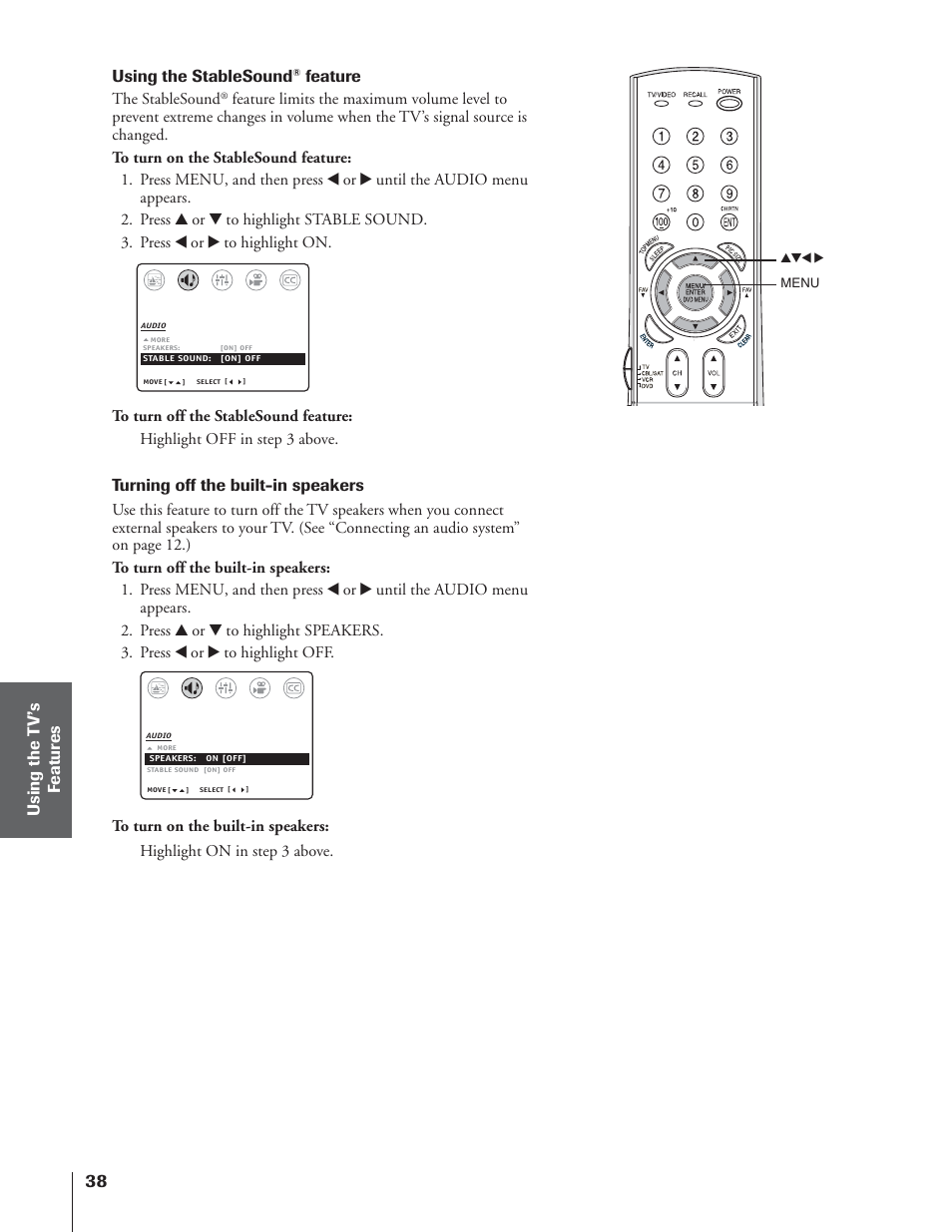 Using the t v ’s f eatur es, Using the stablesound, Feature | Turning off the built-in speakers | Toshiba 32AF14 User Manual | Page 38 / 48