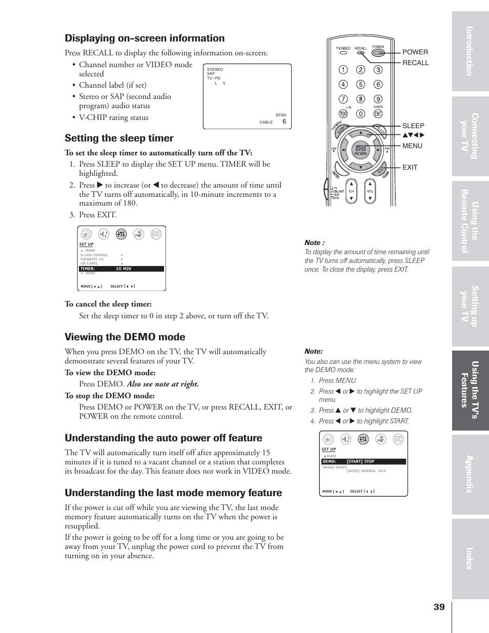 Displaying on-screen information, Setting the sleep timer, Viewing the demo mode | Understanding the auto power off feature | Toshiba 32AF14 User Manual | Page 39 / 48