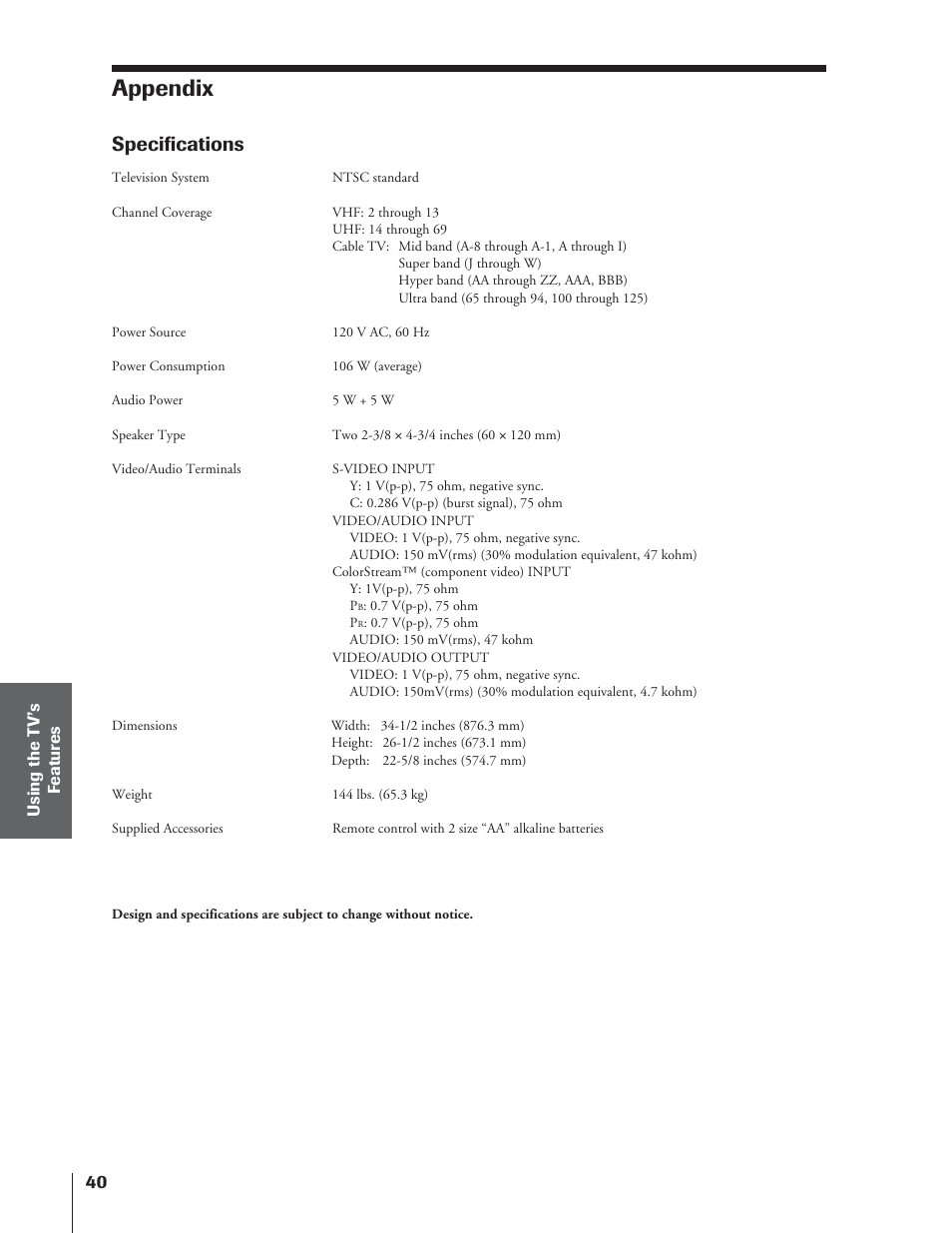 Appendix, Specifications | Toshiba 32AF14 User Manual | Page 40 / 48