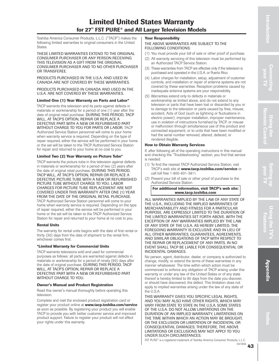 Limited united states warranty, For 27'' fst pure, And all larger television models | Toshiba 32AF14 User Manual | Page 43 / 48