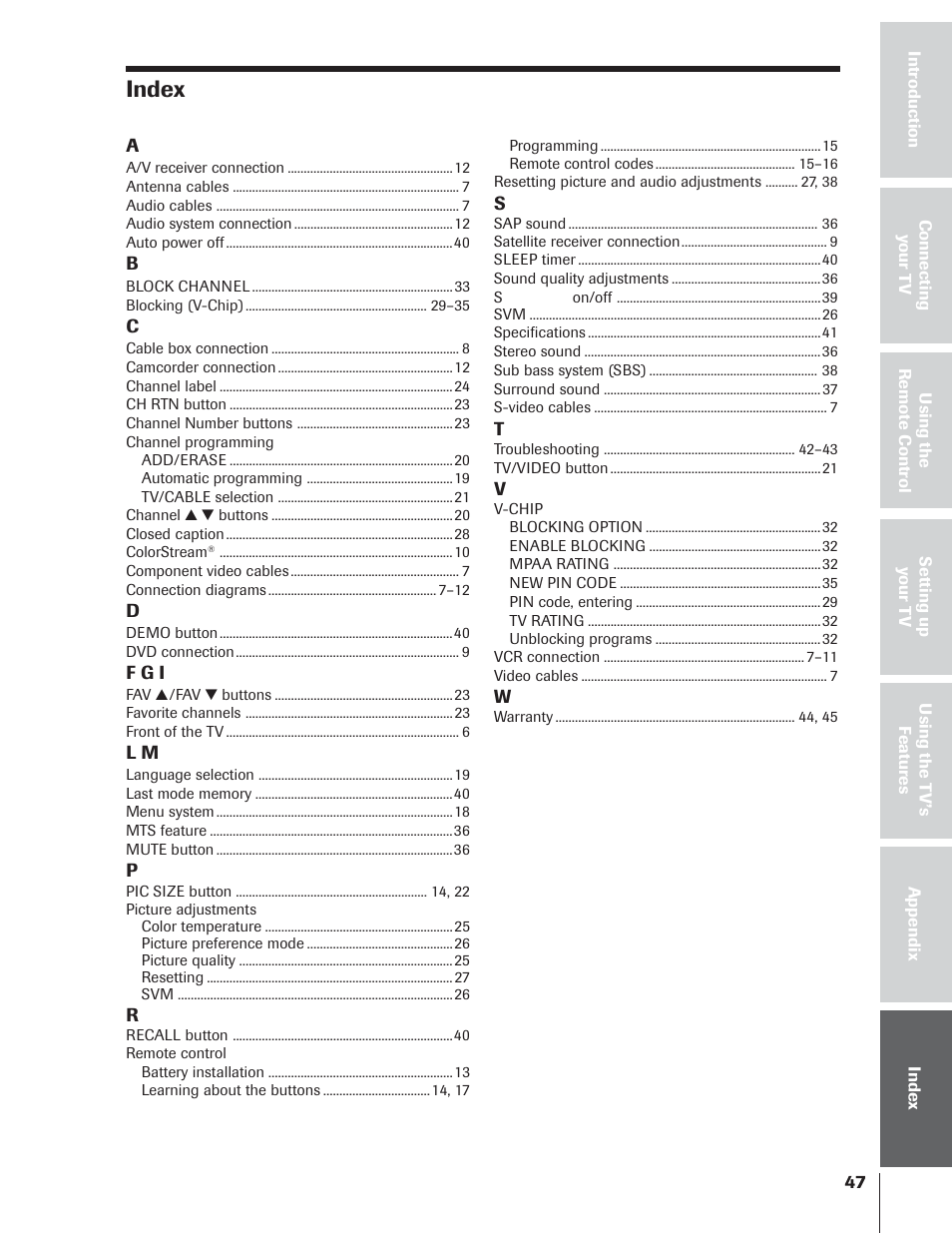 Index | Toshiba 32AF14 User Manual | Page 47 / 48