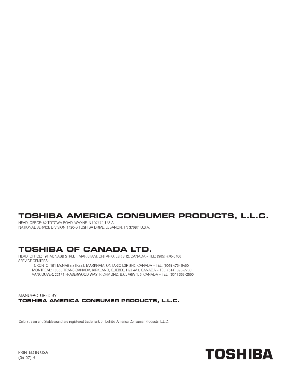 Toshiba america consumer products, l.l.c, Toshiba of canada ltd | Toshiba 32AF14 User Manual | Page 48 / 48