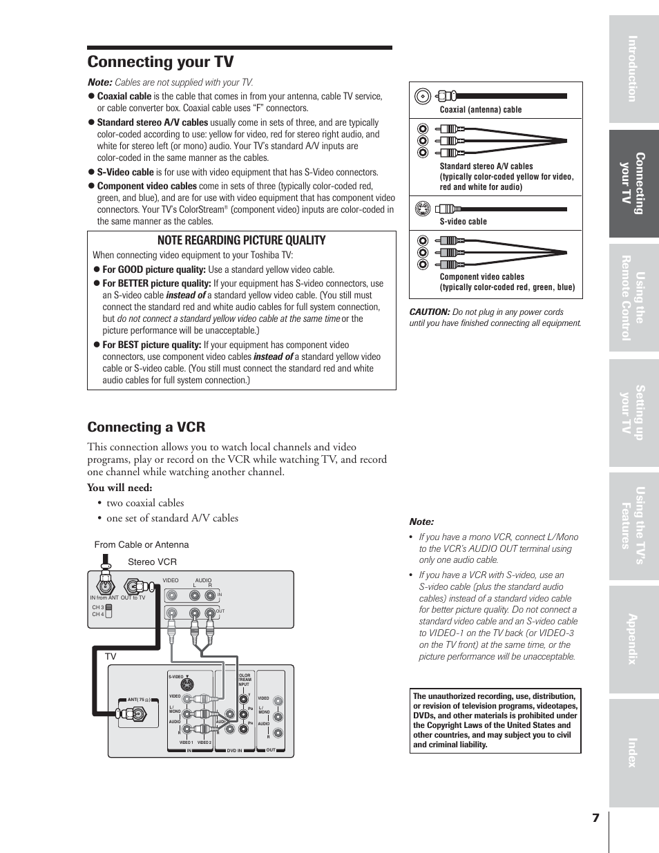 Connecting your tv, Connecting a vcr | Toshiba 32AF14 User Manual | Page 7 / 48