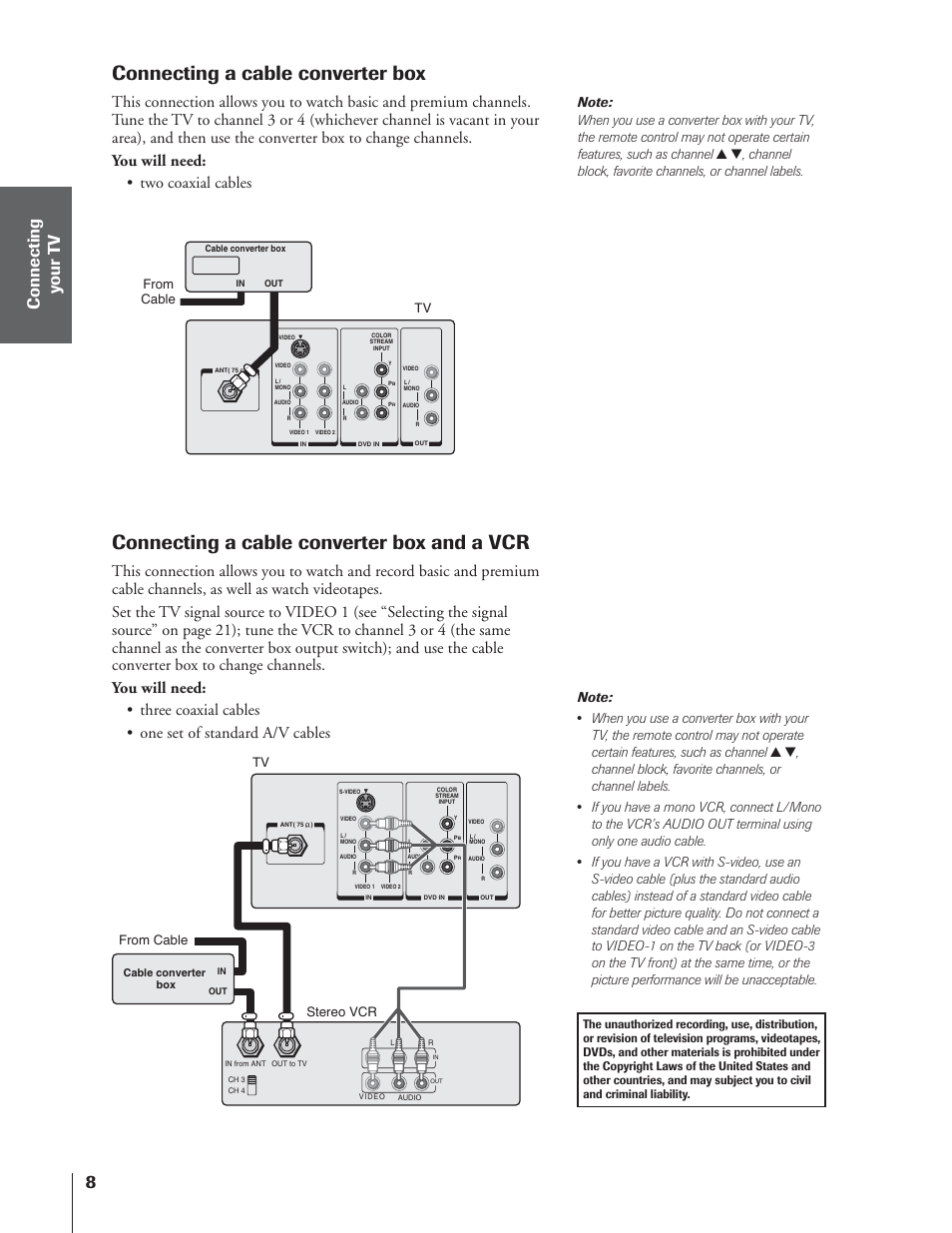 Connecting a cable converter box and a vcr, Connecting a cable converter box | Toshiba 32AF14 User Manual | Page 8 / 48