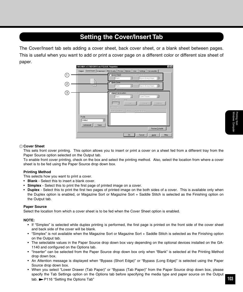 Setting the cover/insert tab | Toshiba 810 User Manual | Page 105 / 218