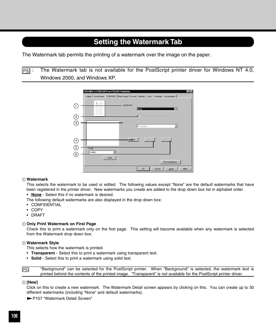 Setting the watermark tab | Toshiba 810 User Manual | Page 108 / 218