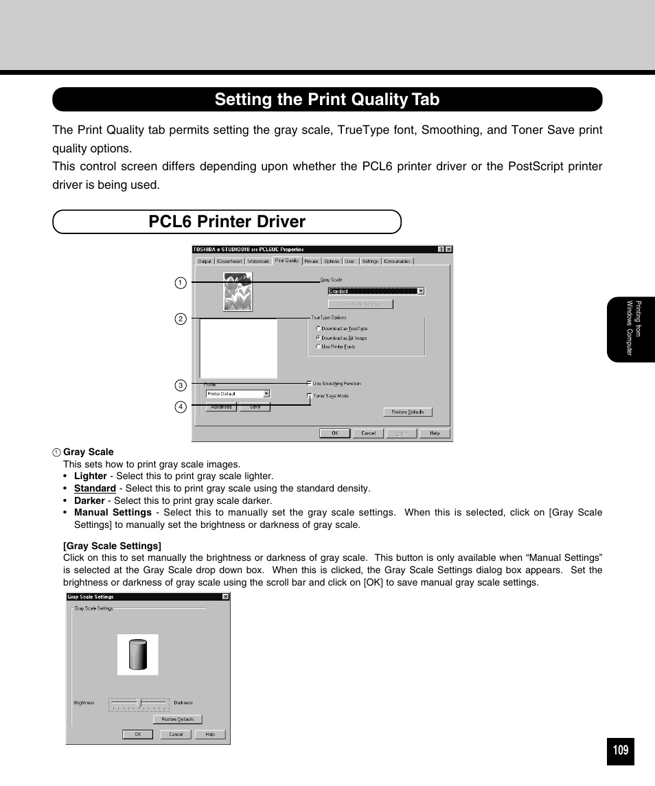 Setting the print quality tab, Pcl6 printer driver, Setting the print quality tab pcl6 printer driver | Toshiba 810 User Manual | Page 111 / 218