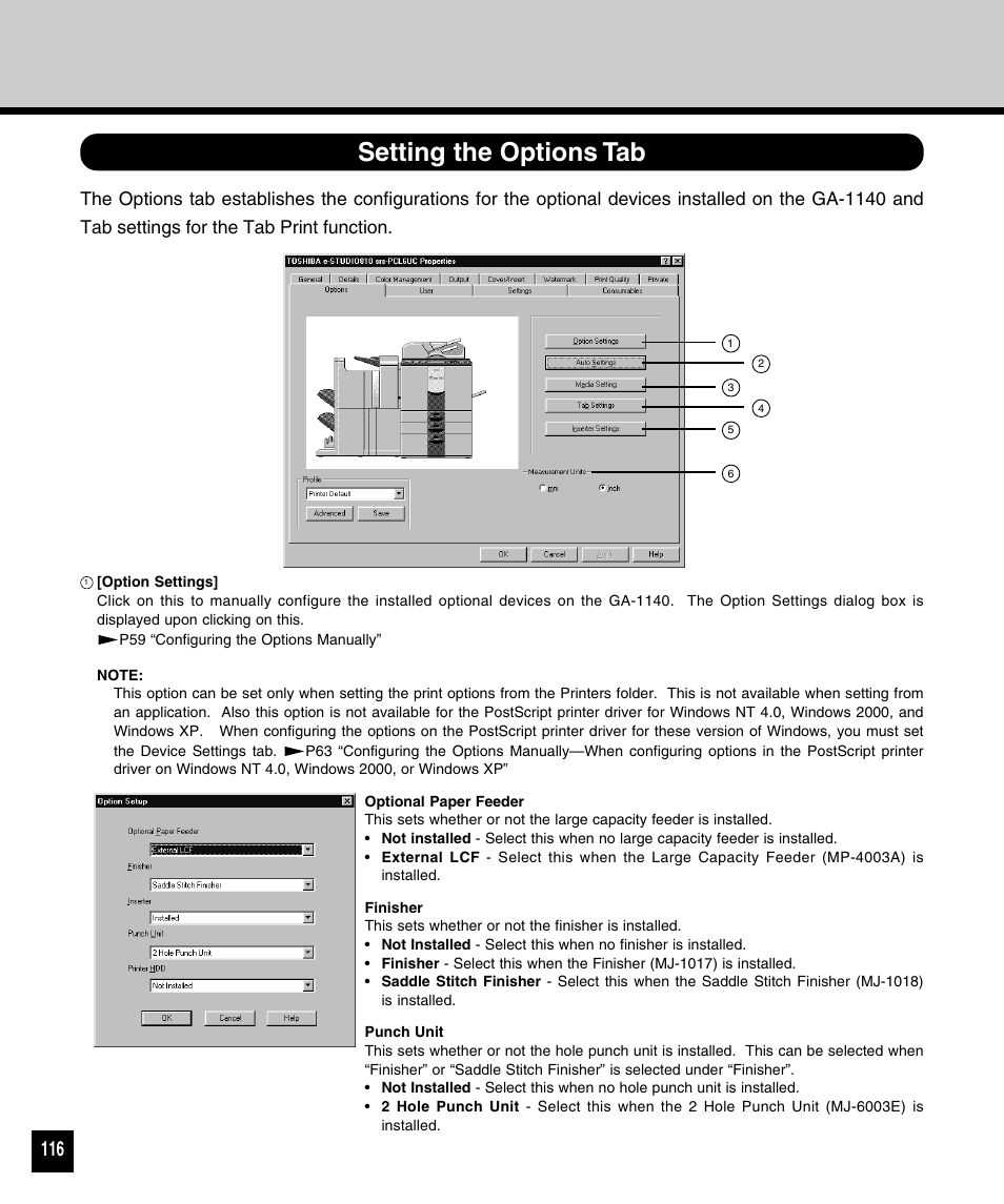 Setting the options tab | Toshiba 810 User Manual | Page 118 / 218