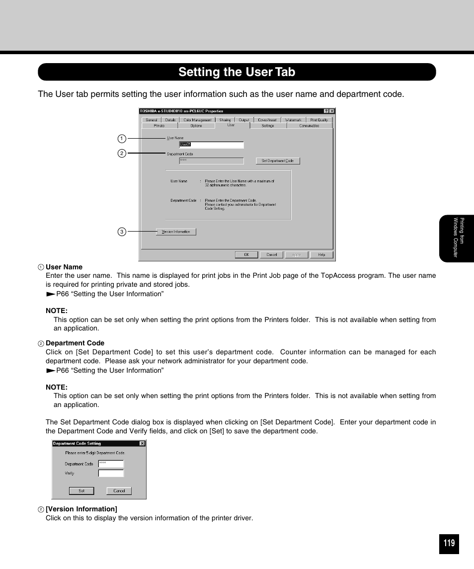 Setting the user tab | Toshiba 810 User Manual | Page 121 / 218