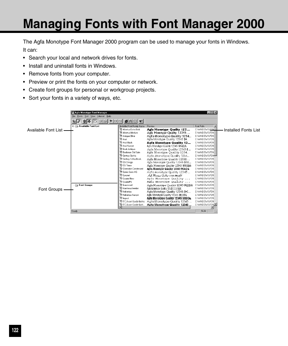 Managing fonts with font manager 2000 | Toshiba 810 User Manual | Page 124 / 218