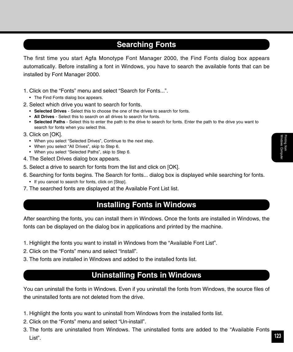 Searching fonts, Installing fonts in windows, Uninstalling fonts in windows | Toshiba 810 User Manual | Page 125 / 218