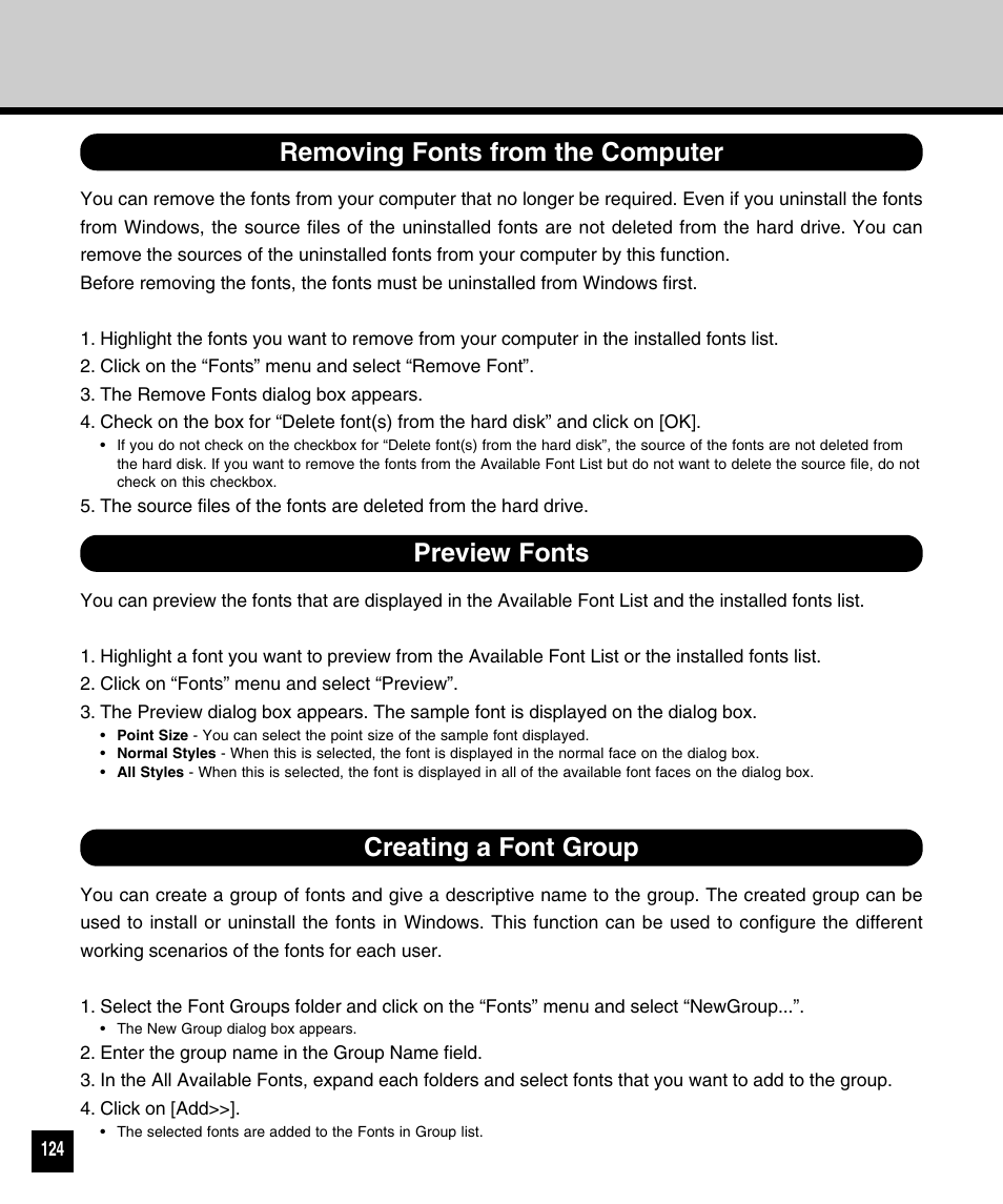 Removing fonts from the computer, Preview fonts, Creating a font group | Toshiba 810 User Manual | Page 126 / 218