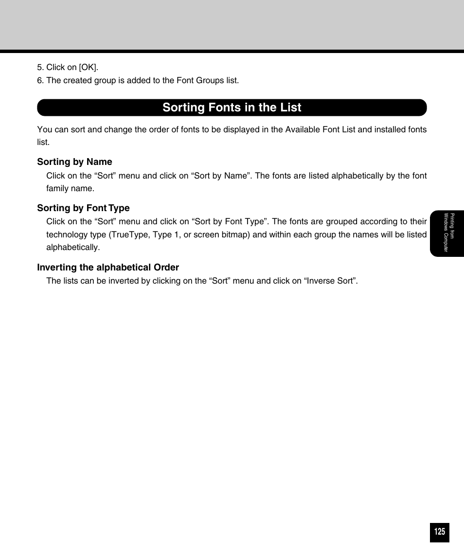 Sorting fonts in the list | Toshiba 810 User Manual | Page 127 / 218