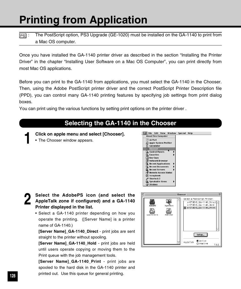 Printing from application, Selecting the ga-1140 in the chooser | Toshiba 810 User Manual | Page 130 / 218