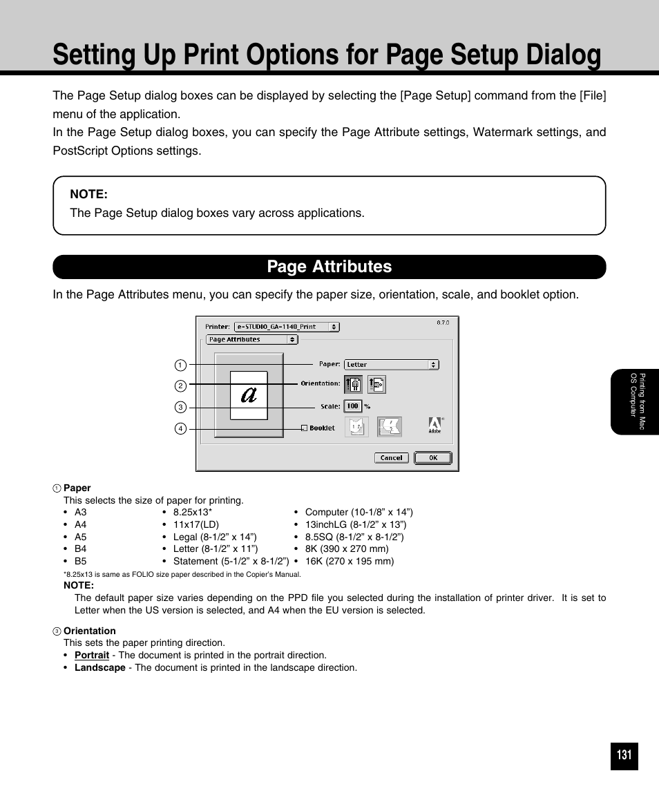 Setting up print options for page setup dialog, Page attributes | Toshiba 810 User Manual | Page 133 / 218