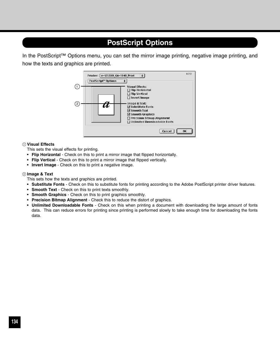 Postscript options | Toshiba 810 User Manual | Page 136 / 218