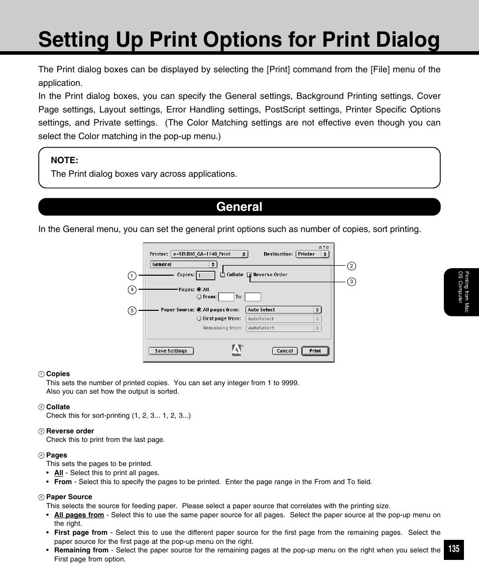 Setting up print options for print dialog, General | Toshiba 810 User Manual | Page 137 / 218