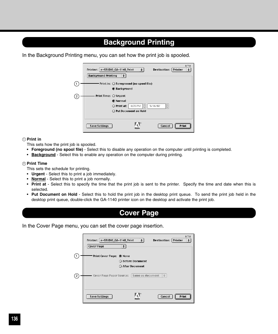 Background printing, Background printing cover page | Toshiba 810 User Manual | Page 138 / 218