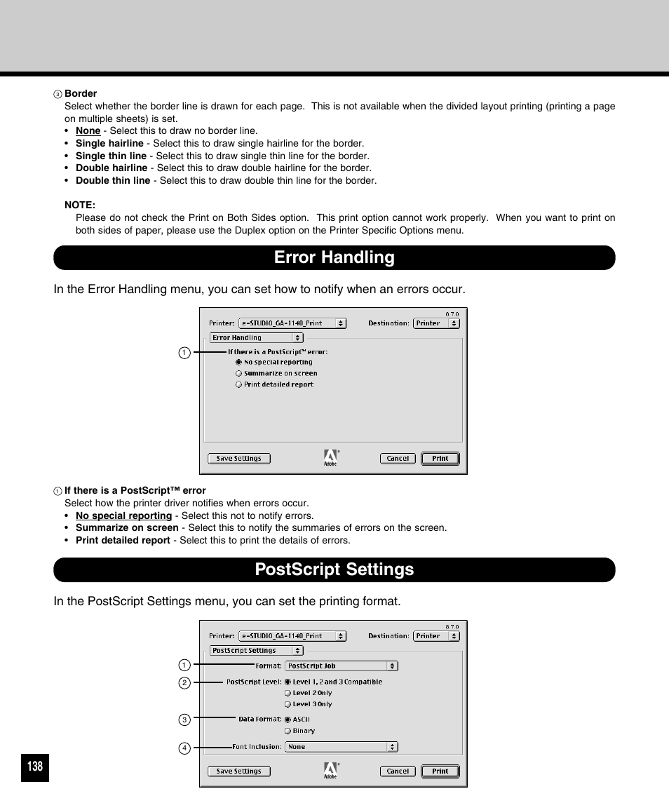 Error handling, Postscript settings, Error handling postscript settings | Toshiba 810 User Manual | Page 140 / 218