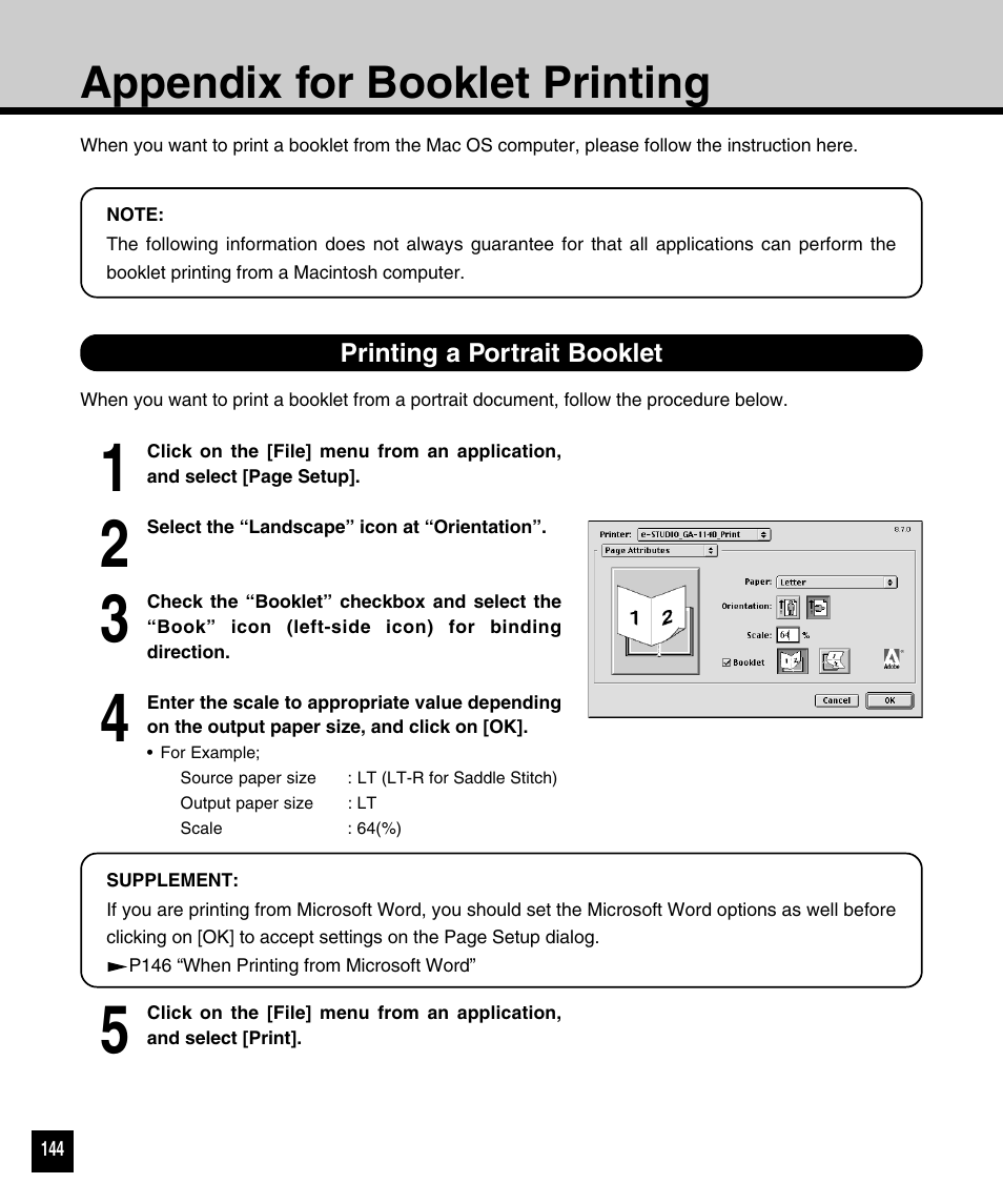 Appendix for booklet printing, Printing a portrait booklet | Toshiba 810 User Manual | Page 146 / 218