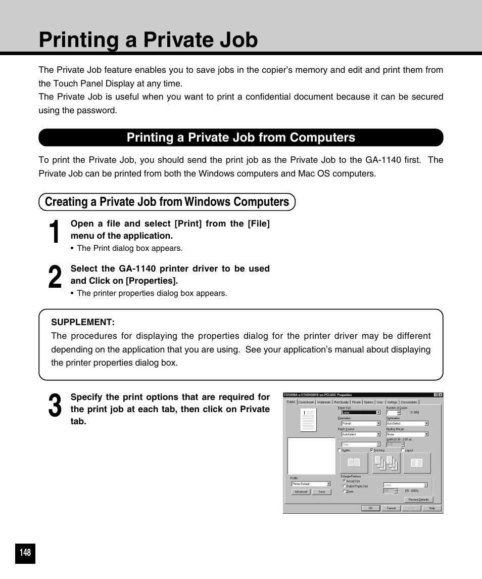 Printing a private job, Printing a private job from computers, Creating a private job from windows computers | Toshiba 810 User Manual | Page 150 / 218