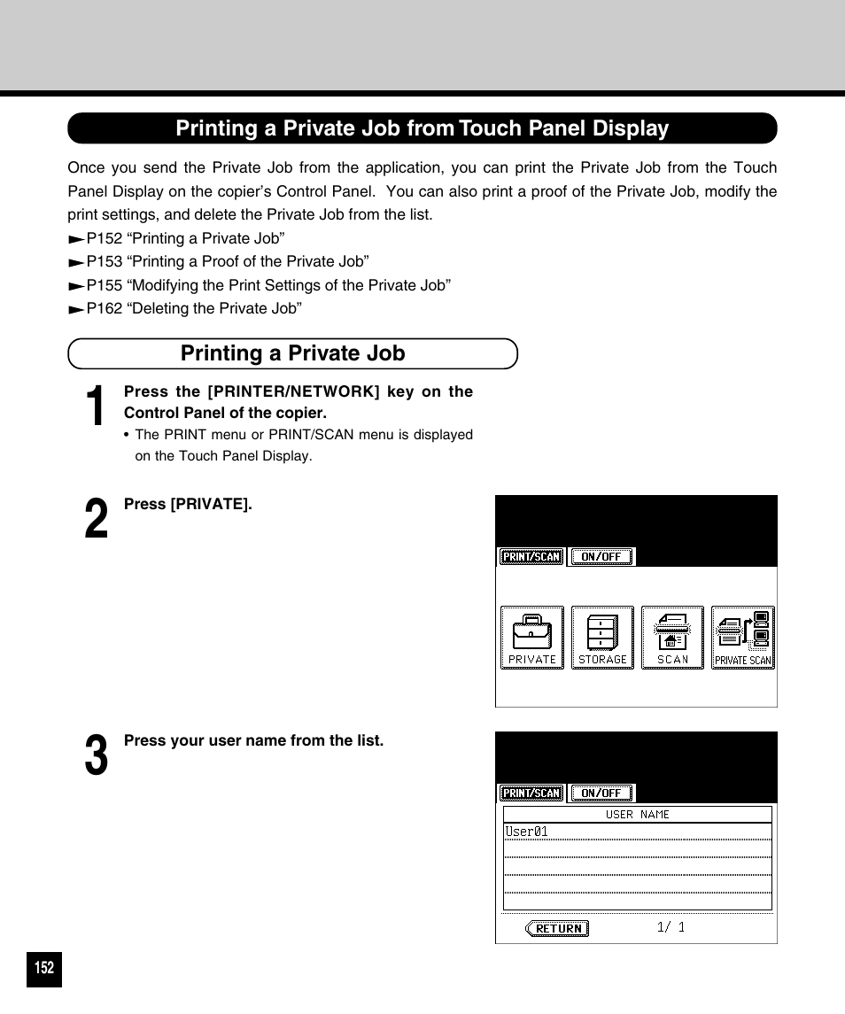 Printing a private job from touch panel display, Printing a private job | Toshiba 810 User Manual | Page 154 / 218