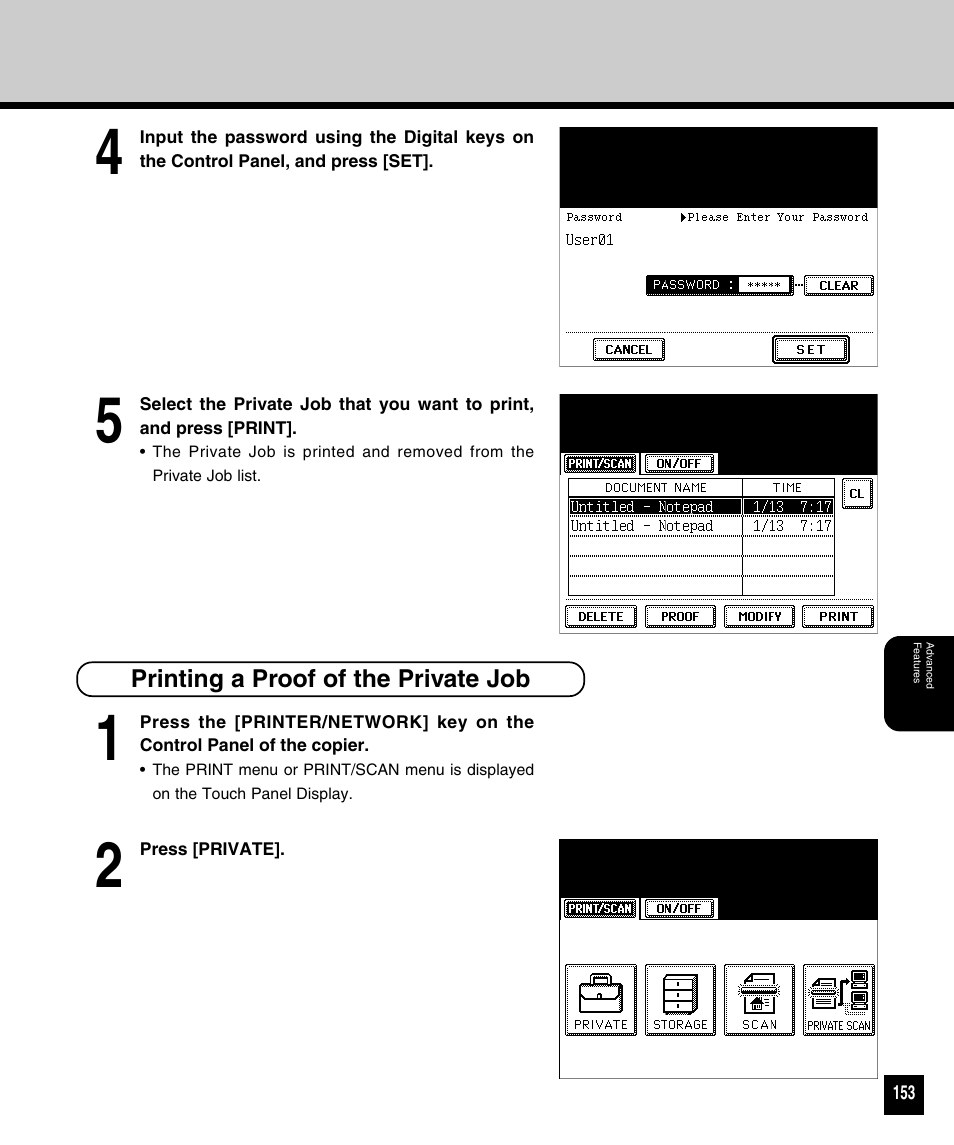 Printing a proof of the private job | Toshiba 810 User Manual | Page 155 / 218